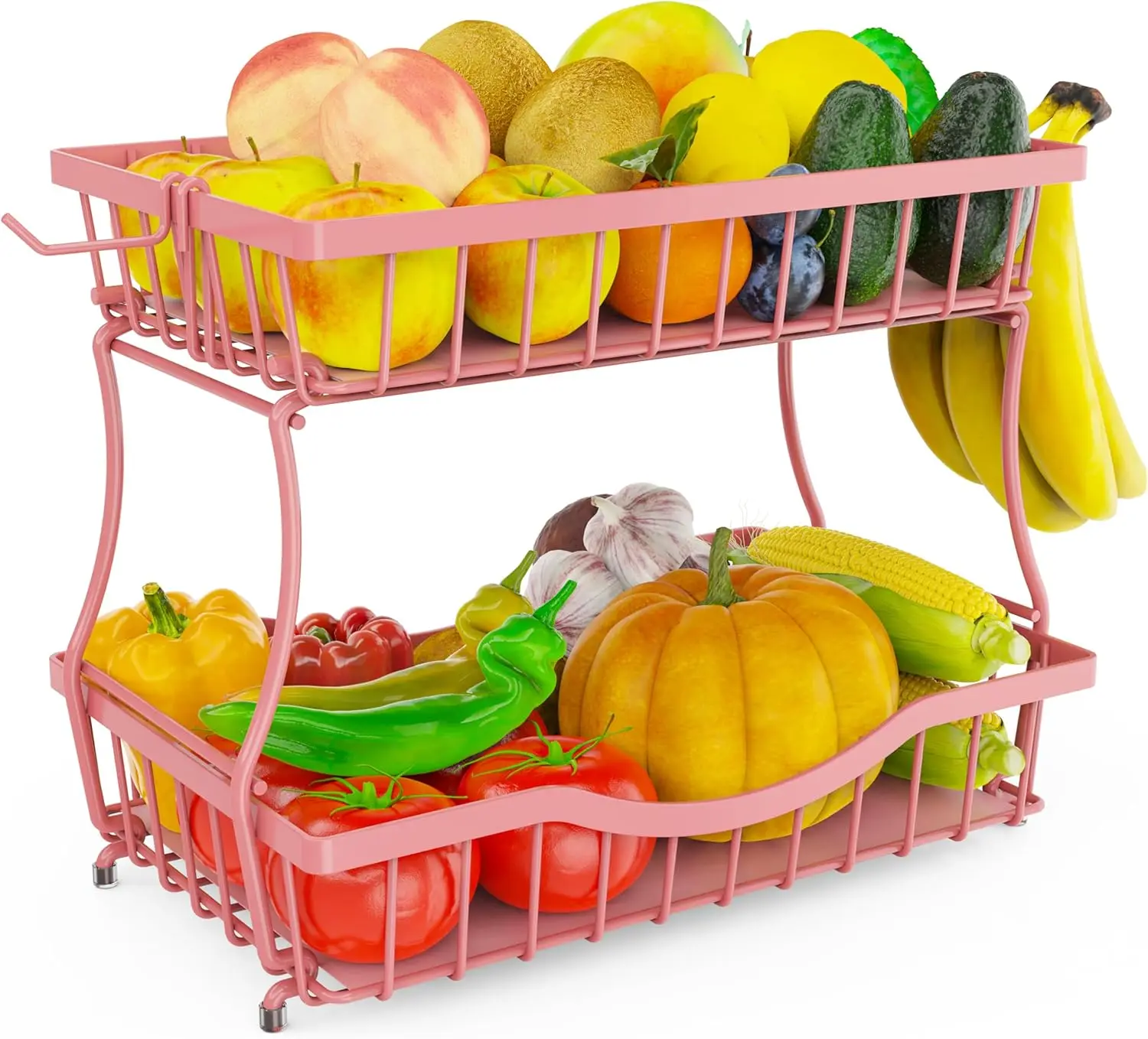 

Pink 2 Tier Large Fruit Basket for Kitchen Counter with 2 Banana Hangers, Metal Fruit Bowl for Onion Vegetable Bread Sn