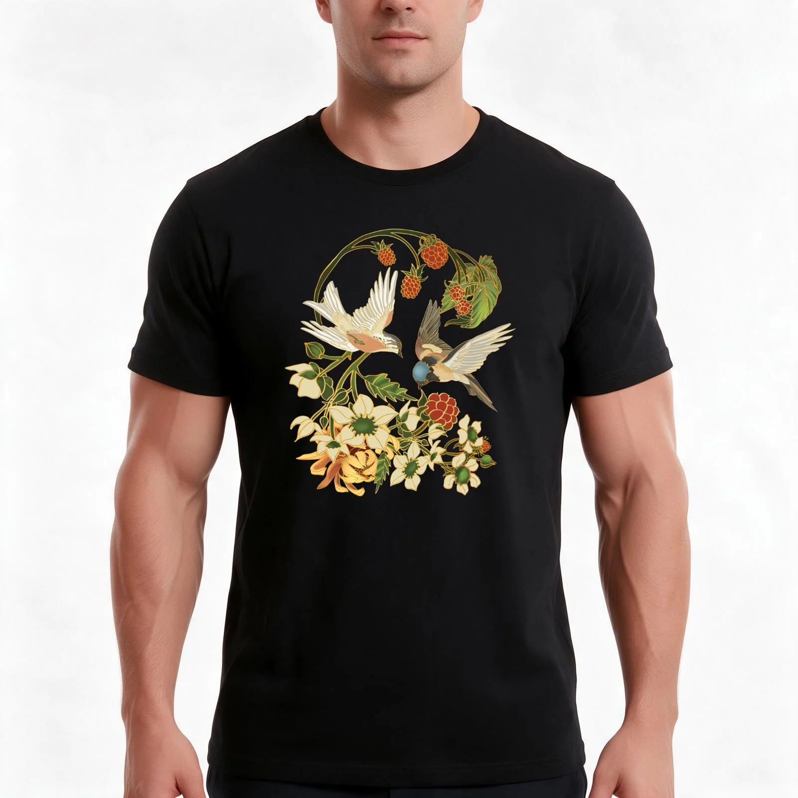 Swallows and Raspberries T-Shirt Summer Casual Cotton Tee Oversized Streetwear Tops Vintage Graphic Print Unisex Men Women