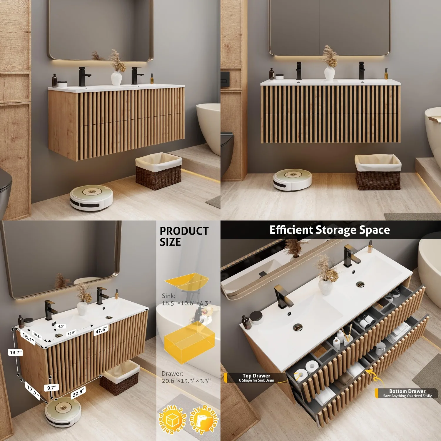 

48in Floating Bathroom Vanity Wall Mounted Cabinet 4 Fluted Drawers Undermount White Sink Faucet Drain Mixed Natural, Customized
