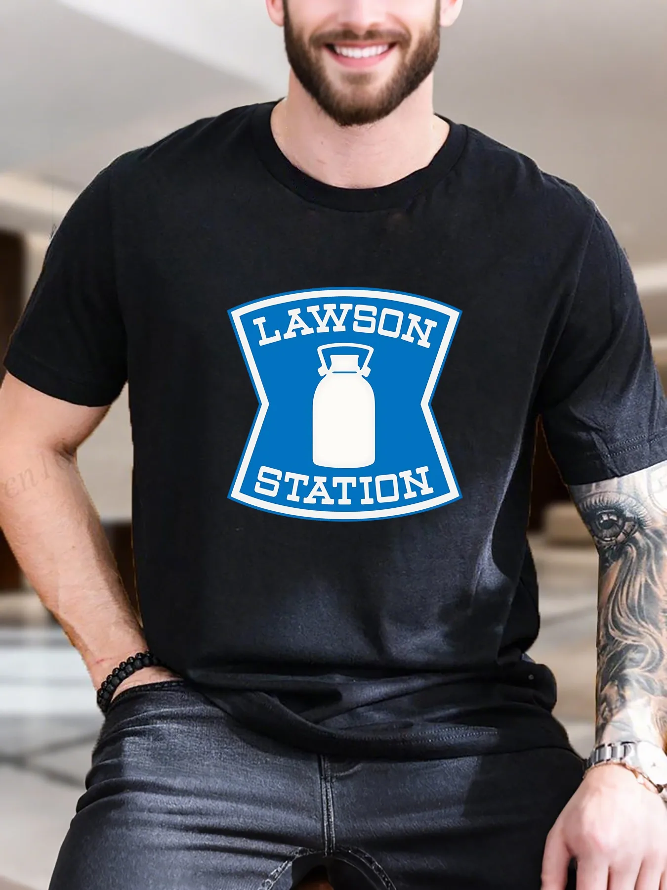 

Men's Cotton Printed T-Shirt - Blue & White Milk Jug Design, Breathable Soft Tee for Summer, Casual Comfort Short Sleeve Top