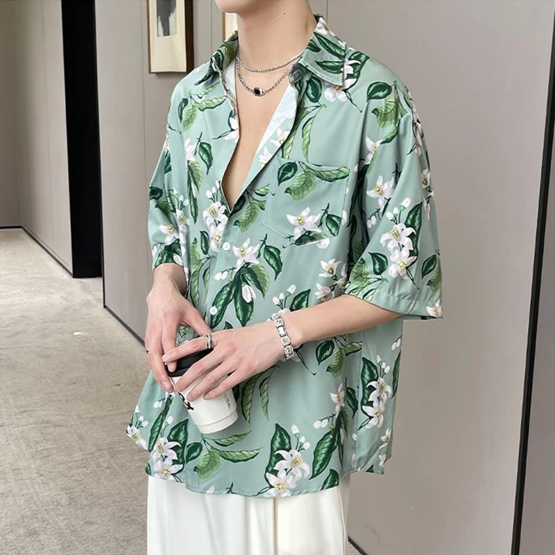 Summer Male Chinese Style Camellia Printing Cardigan Blouse Hombre Half Sleeve Casual Fashion All-match Top Men Vintage Shirt