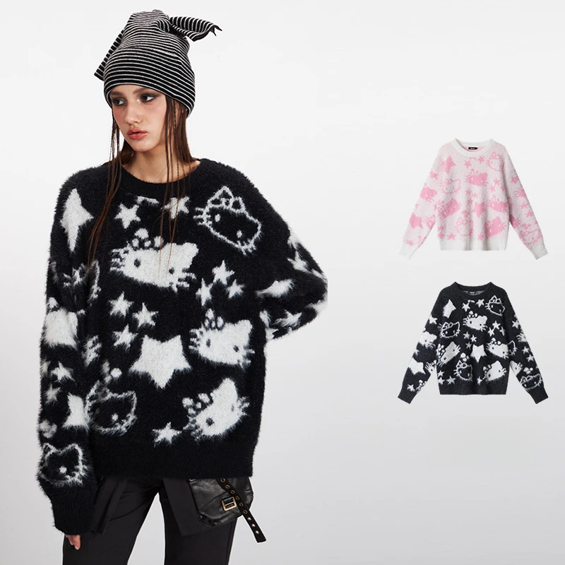 

Новое поступление, женский зимний вязаный свитер из мохера с круглым вырезом, милый теплый черный/розовый, белый топ большого размера с рисунком кота и звезды