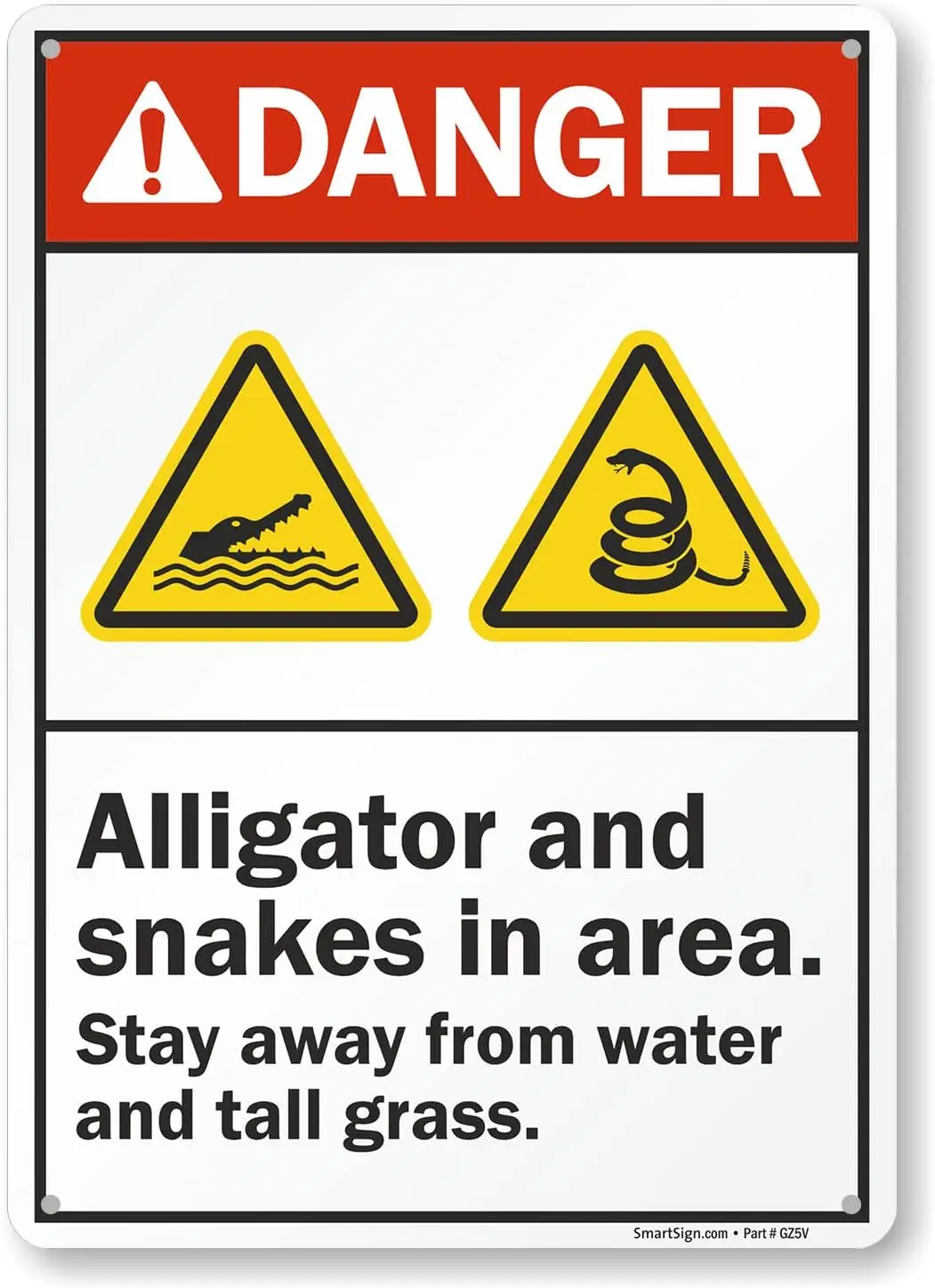 SmartSign 14 x 10 inch “Danger - Alligator And Snakes In Area -Stay Away From Water” Metal Sign, 40 mil Laminated Rustproof Alum