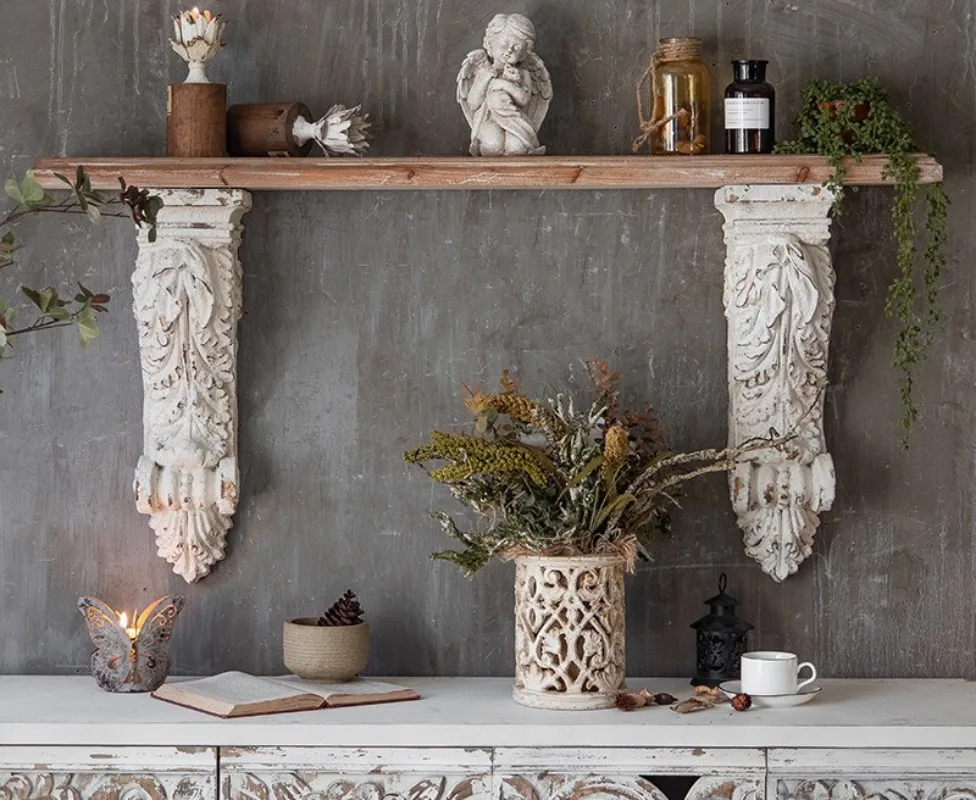 Półka dekoracyjna w stylu vintage, francuska półka, dekoracja studia, salon, rzeźba z litego drewna, kwietnik, łóżko i śniadanie, sypialnia, ściana