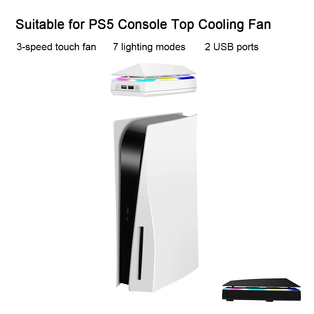 

Cooling Fan for PS5 Console Top with Colorful LED Lights, 3-Speed Touch Control, 2 USB Ports