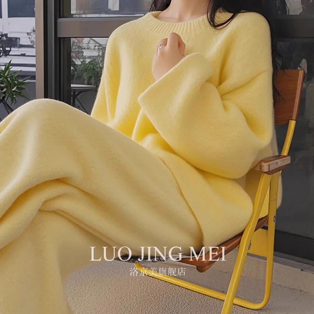 2025 Otoño Invierno nueva señora traje acogedor suéter de punto pantalones conjuntos 2 piezas mujeres elegante suéter de cuello alto pantalones de pierna ancha