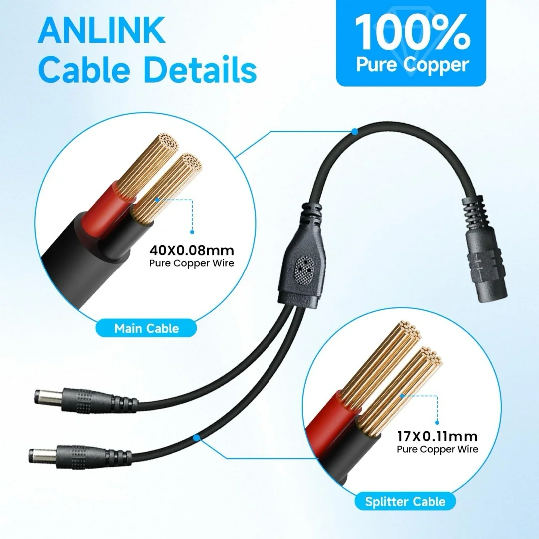 1 to 2 Way DC Power Splitter Cable, 1 Female to 2 Male Connector, DC Plug 5.5mm x 2.1mm