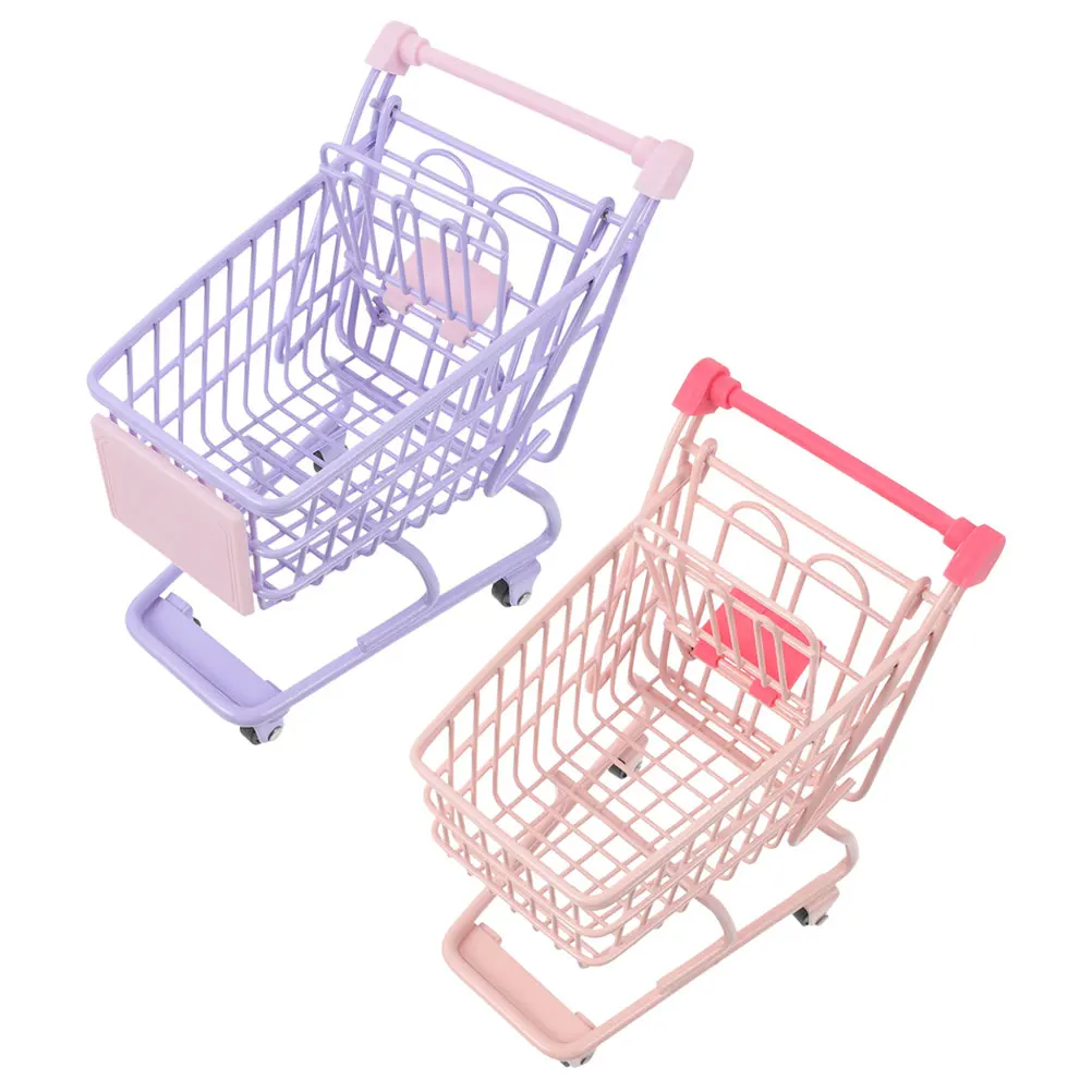 2 Pcs Shopping Cart Ornaments Trolley Mini Storage Kid with Wheels Grocery Desktop