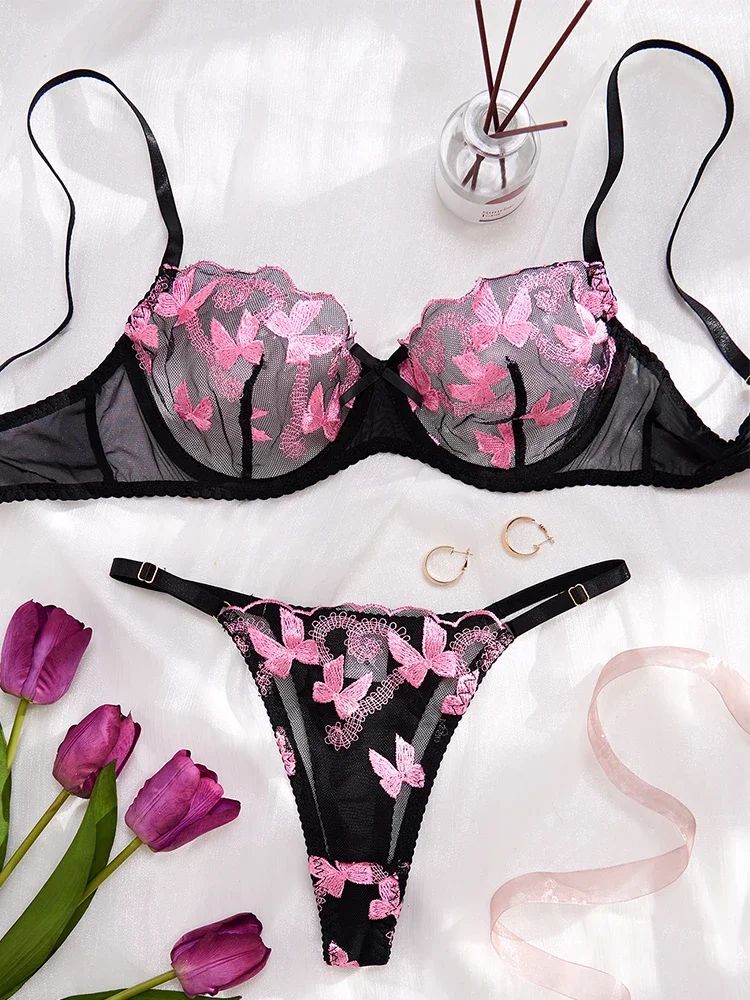 Sexy Bras for Women Thin Lingerie Set Fancy Erotic Lingerie Transparent Mesh Underwear Delicate Embroidery Bra and Underwear Set