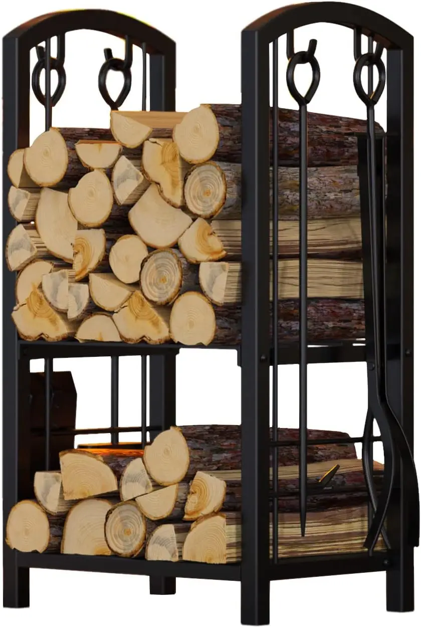 Fireplace Firewood Log Rack 5-Piece Storage Logs Holder with Tools Set with 4 Tools Set Fireside Holders Wood Lumber Storage