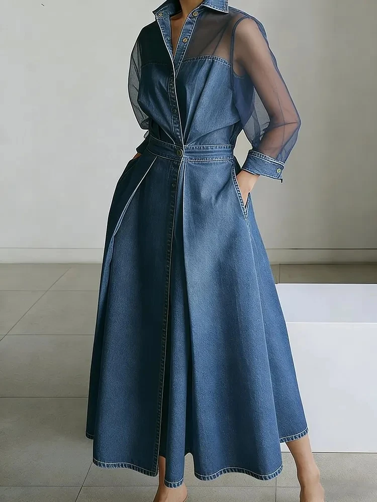 

Woman Blue Denim A-Line Dresses 2026 Spring Summer Tulle Long Sleeve See Through Lapel Maxi Dresses Streetwear Jean Dress