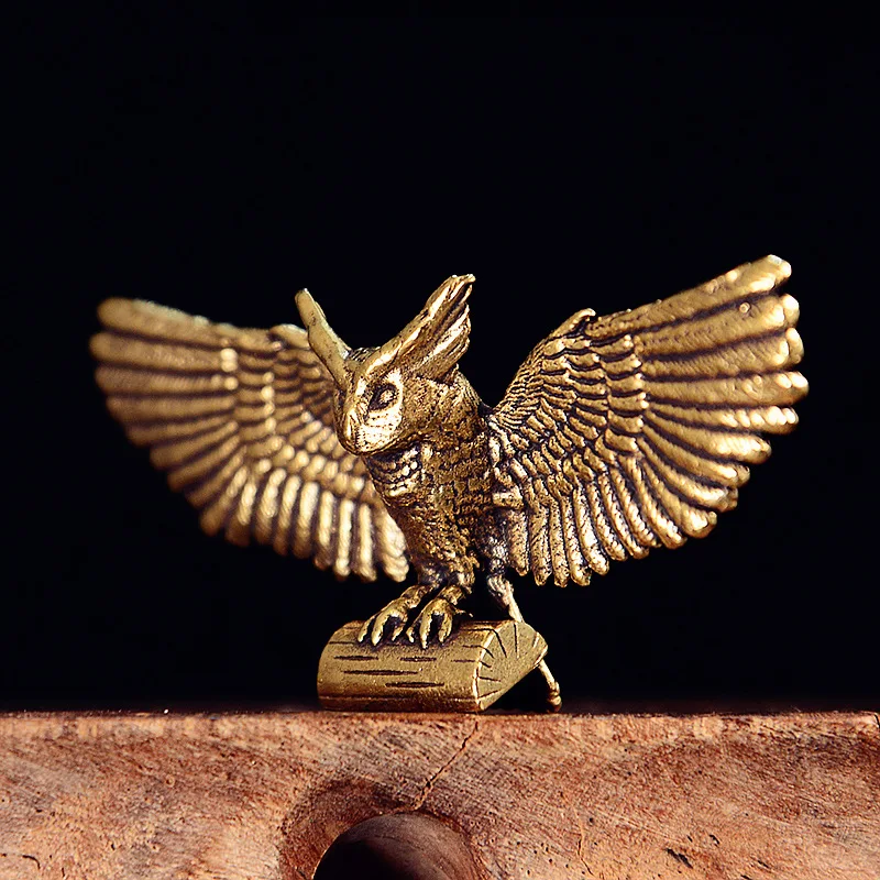 Solid Brass Cute Owl Small Statue Vintage Animal Miniatures Figurines Desktop Decorations Crafts Home Decors Ornaments Sculpture