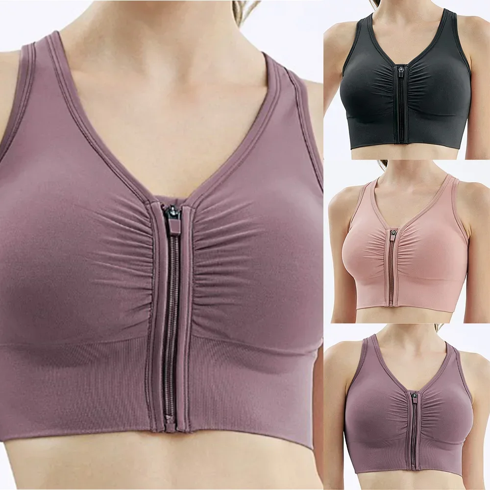 Sexy Women\'s Yoga Underwear Bras Soft Front Zip Wireless Padded Push Shockproof Support Gym Top Sports Breathable Workout Bra