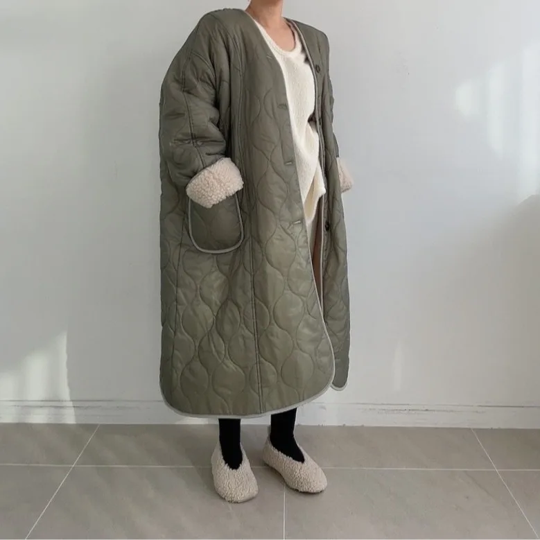 

Retro Double-Sided Wear Wave Emed Cotton Jaet Women's Loose Thi Warm Long Coat Korean Sle Winter New Arrival