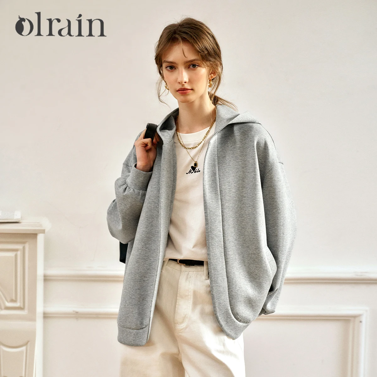 

OLrain Grey Cotton Hoodies Women 2025 Spring Straight Commute Casual Long Sleeve Single Breasted Comfort Outerwear GM57CW96002