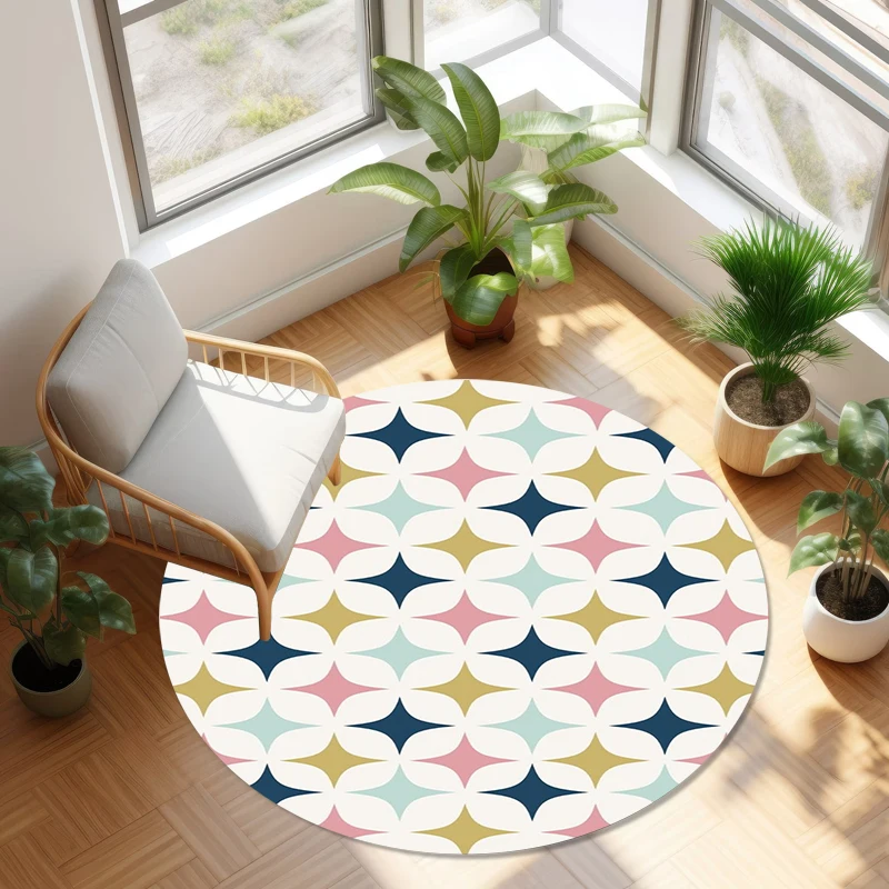 Böhmischer Blumen- & Geometrie-Rundteppich, Rutschfester Waschbarer Bodenteppich, Retro-Druck Weicher Teppich für Wohnzimmer Schlafzimmer