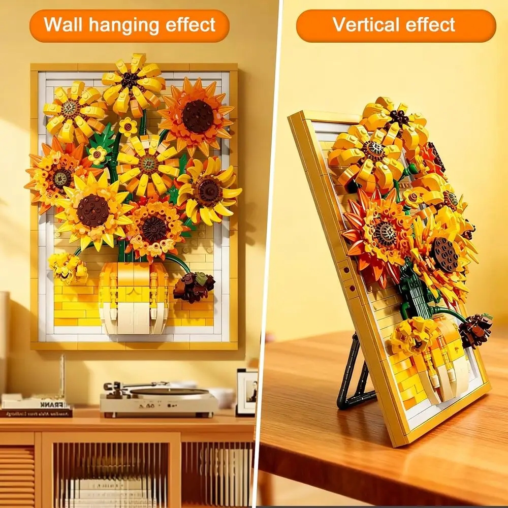 مكعبات بناء عباد الشمس ثنائية الأغراض من سوسوي، 1011+ قطعة، إطار فني جداري، ديكور منزلي مزين بالزهور، ألعاب جذعية للنساء والمراهقين، وG