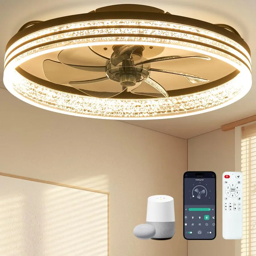 Ventilateurs de plafond avec lumières WiFi à distance Alexa 20 Ventilateurs de plafond modernes à profil bas encastrés pour chambre à coucher Température de couleur continue