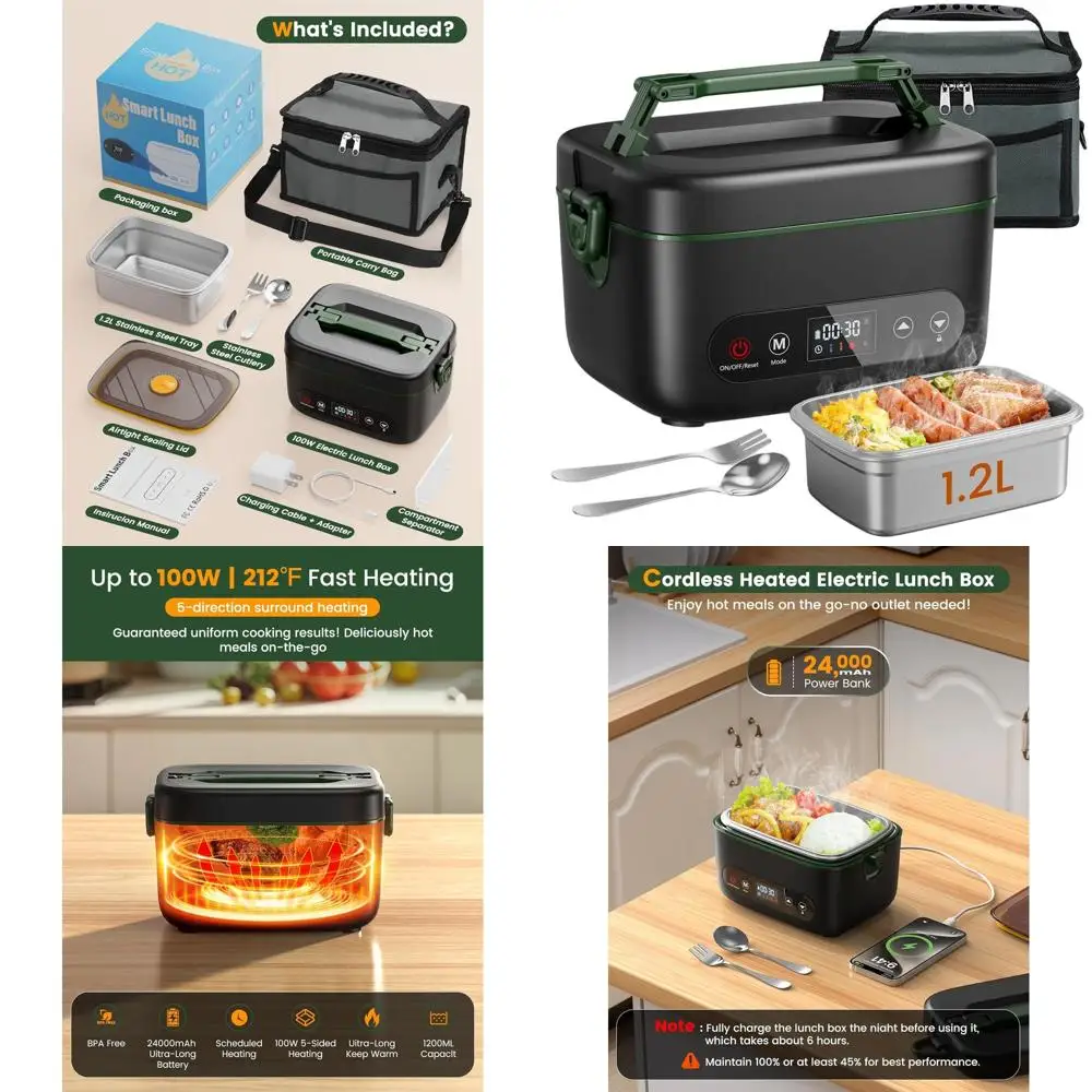

Портативный электрический ланч-бокс объемом 1,2 л с аккумулятором 100 Вт, 24000 мАч, 5-сторонним нагревом для улицы, офисного использования