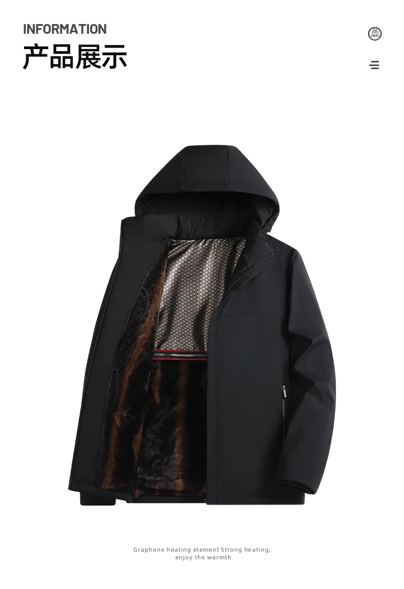Men Graphene Fleece Lined Cotton Jacket Men Detachable Hat Windproof Parkas Men Winter Business Casual Thick Warm Hooded Parkas