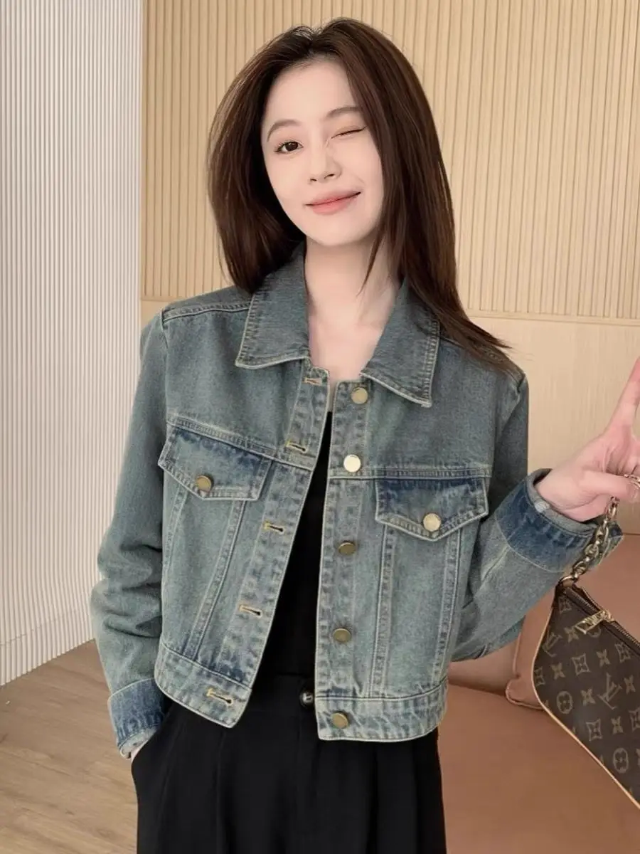 

Hong Kong Sle Loose Fit ort Denim Jaet Women's Casual Age-Defng Trendy Top Pure Color Long Sve Collar