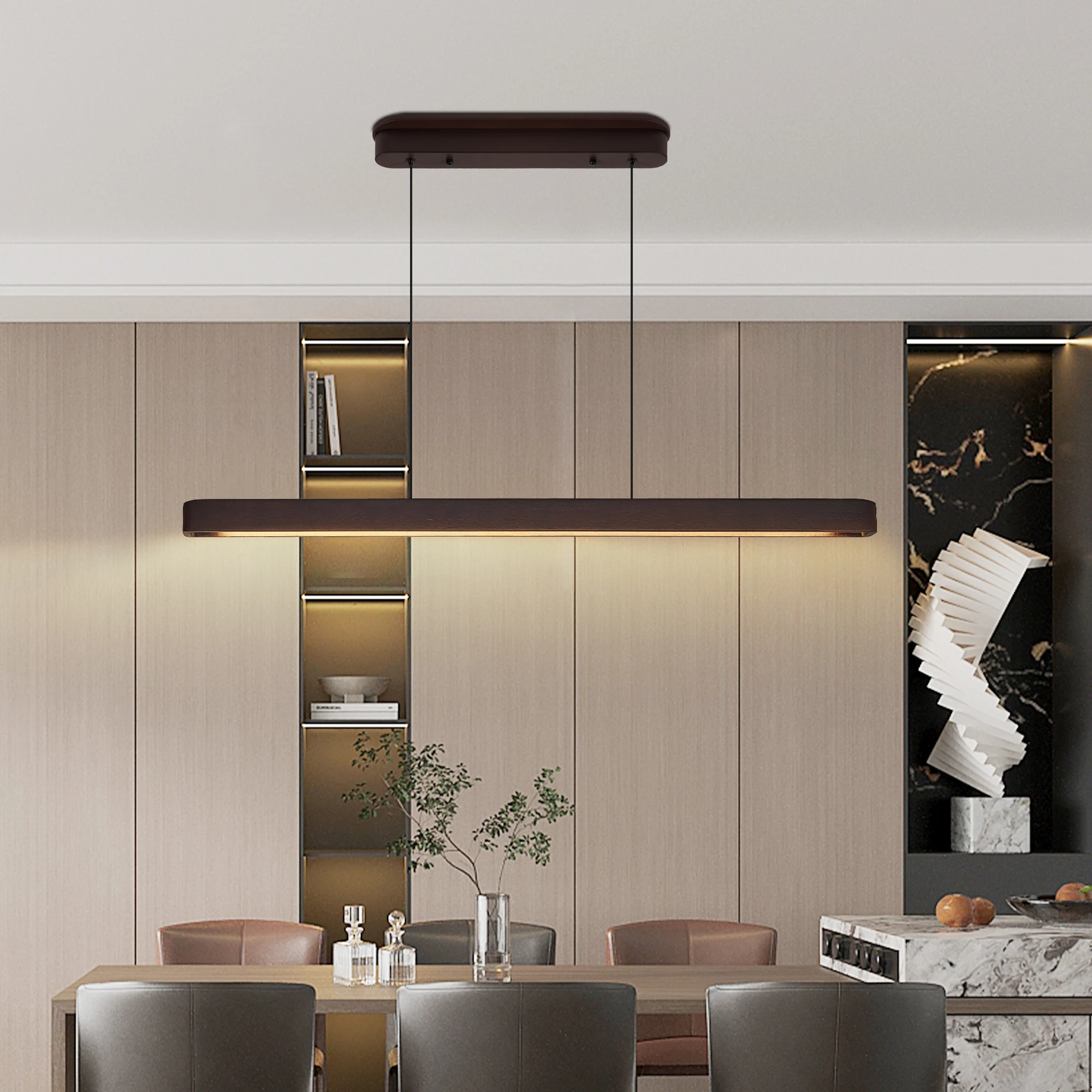 

Anti-Glare LED Linear Pendant - Black Walnut Finish 3 Color Temp Dimmable Light, Modern Luxury Fixture for Living Room & Dining