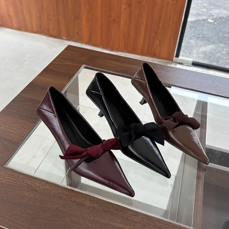 

2026 Women Shoes Spring New Butterfly Knot Women Mid Heels Shoes Sexy Dress Thin Heel Pointed Toe Ladies High Heels Women