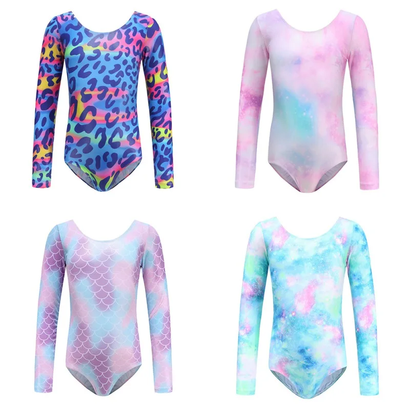 Girls\' One Piece Long Sleeve Slim Ballet Leotards Trendy Gradient Print Round Neck Gymnastics Latin Training Dancewear 4 Colors