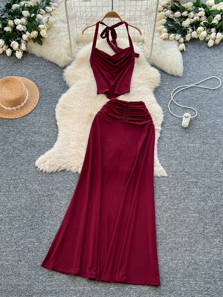 

Foamlina однотонный комплект из 2 предметов для женщин, сексуальный укороченный топ без рукавов с лямкой на шее и длинная юбка с рюшами и высокой талией, модный наряд