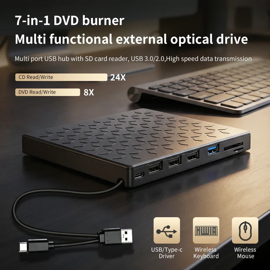 External DVD Drive USB 3.0 Type-C 7 in 1 CD DVD Burner Writer Reader Portable Optical Drive for Laptop Desktop Mac Windows Linux