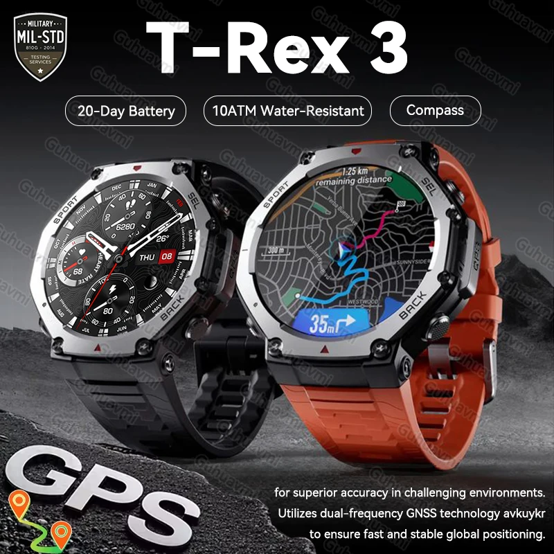 جديد T-Rex 3 ثنائي النطاق GPS العسكرية ساعة ذكية 48 مللي متر 10ATM مقاومة للماء 500 مللي أمبير بطارية البوصلة مقياس الارتفاع Smartwatch لهواوي