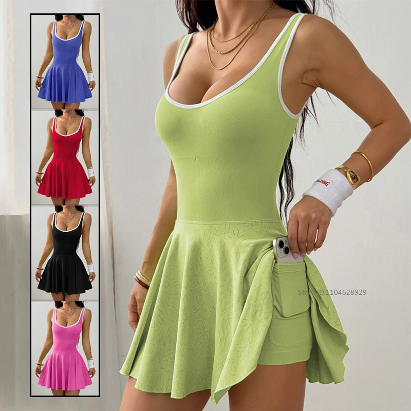 Summer Women Sports Tennis Dress Sexy Golf Tennis Suits with Bra and Shorts Ladies Sleeveless Fitness Gym Jumpsuits Dresses