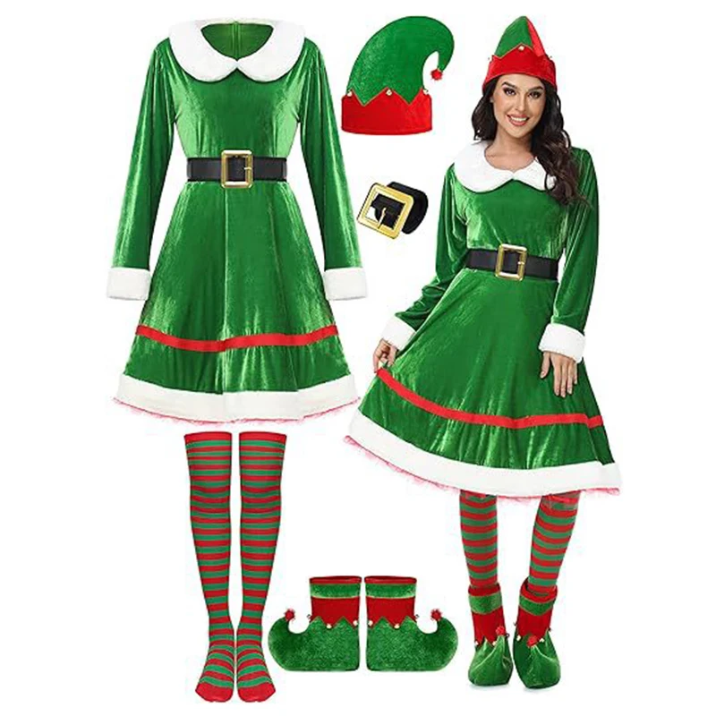 Adults Christmas Santa Claus Costume Women's Green Xmas Elf Cosplay Clothes Set Carnival New Year Party Fancy Dress Role Play