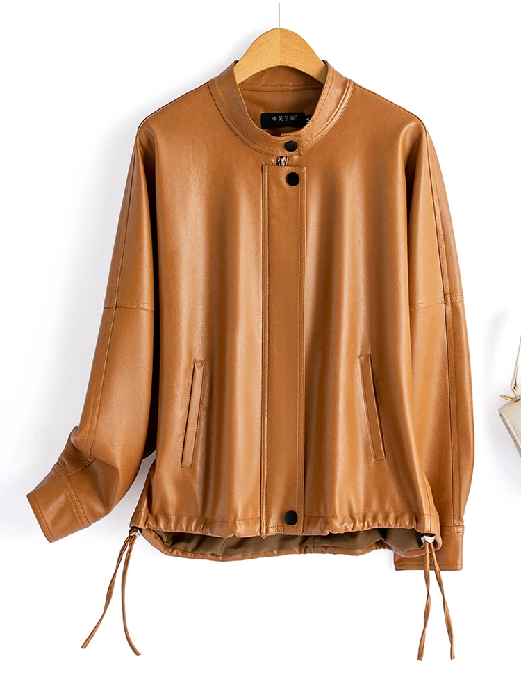 Giacca in pelle di montone da donna, taglie forti, vestibilità ampia, collo alto, casual, capospalla autunnale, nuovo stile per il pendolarismo