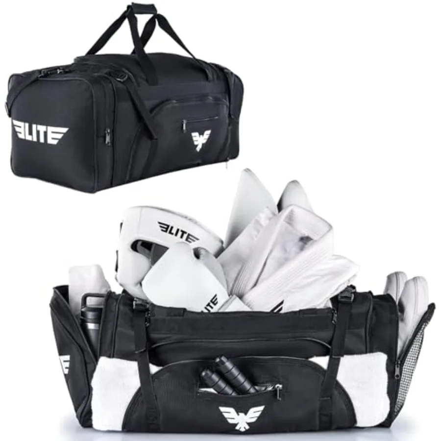

Спортивная сумка Monster MMA Duffel Bag Large 44L из кордуры с сетчатым отделением для обуви и регулируемым ремнем, подходит для снаряжения для MMA, BJJ и боевых искусств.
