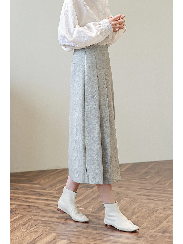 

High Waist ey een Pleated Skirt Suit Casual A-Line Over-Knee Length Retro Artistic Versatile Women's Faion