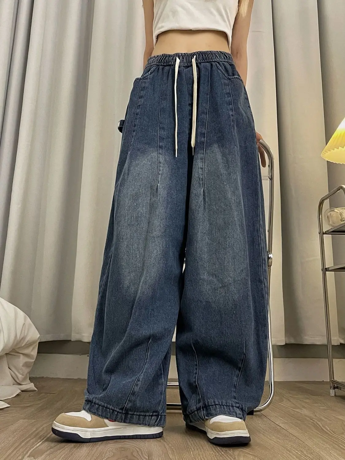 

Spring Women Vintage Baggy Jeans Elastic Waist Oversized American Trouser Denim Wide Leg Streetwear Straight Basic Pants Y2k