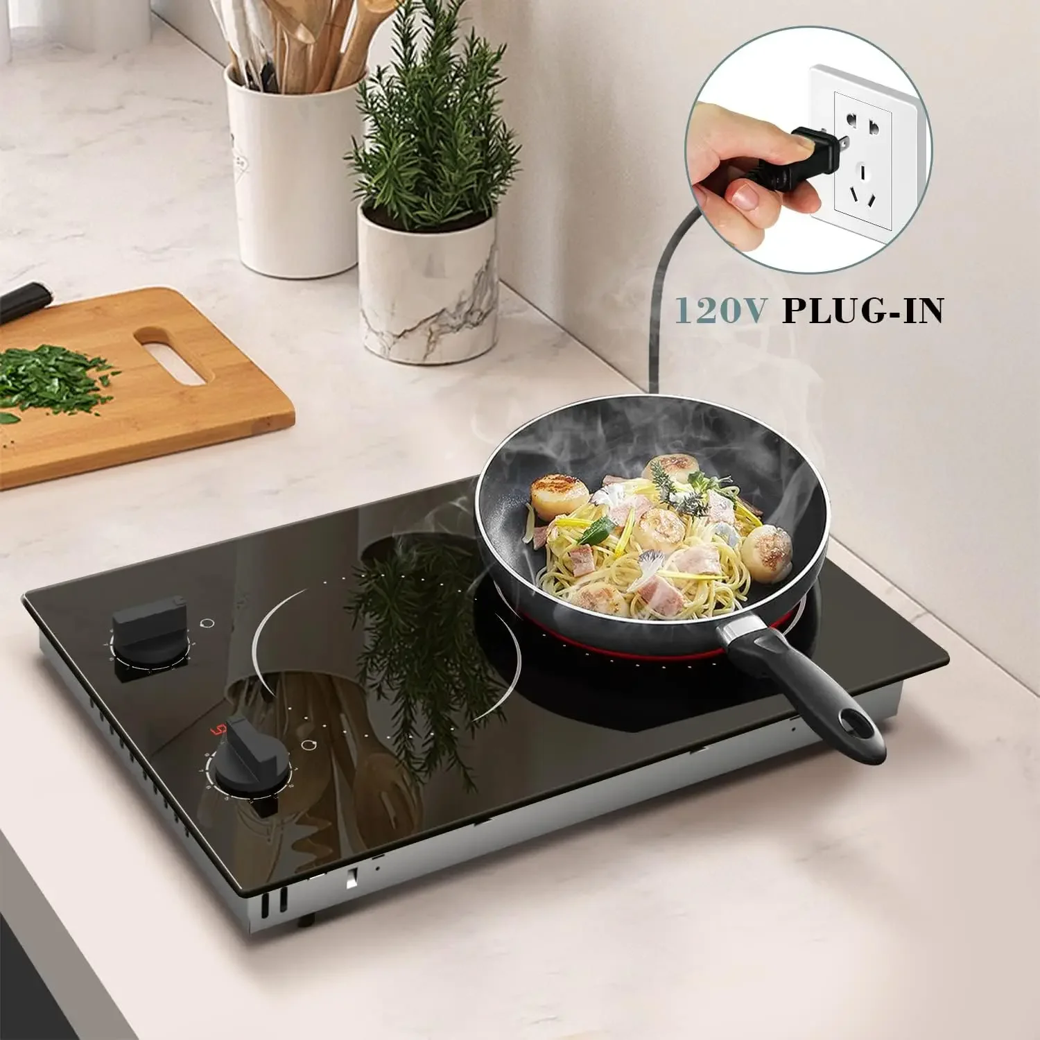 hob 2 Burner Electric Cooktop, 110v Electric Burner Stove Top 12 inch Knob Control Countertop & Built-in Radiant Electric Stove