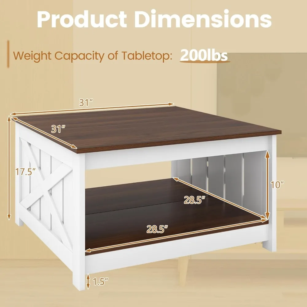 Modern 31 Square Coffee Table with Open Storage Shelf, 2-Tier X-Shaped Design, Barn Fence Style