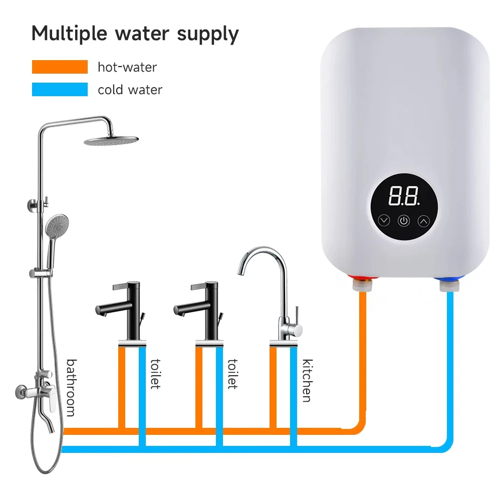 Calentador de agua instantáneo eléctrico montado en la pared sin tanque, 3500w, 220v, sin tanque, con control táctil, para el hogar y el hotel, uso múltiple de fábrica