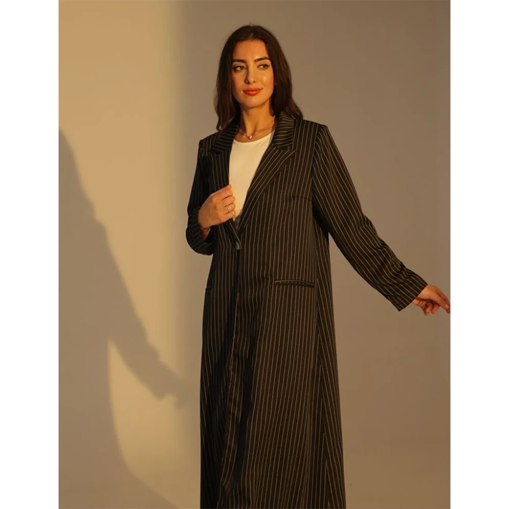 Black Striped Women Long Jacket Single Button Female Daily Coat Formal Ankle Length Dress jaqueta feminina