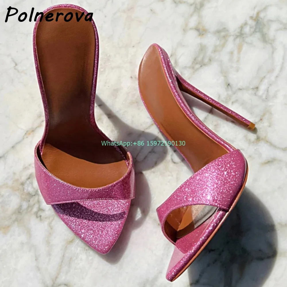

Shiny Pink Runway Sandals Pointy Toe 12 Cm Thin Heels Slip On Slingback Slippers Bling Ladies Elegant Party Stiletto Shoes