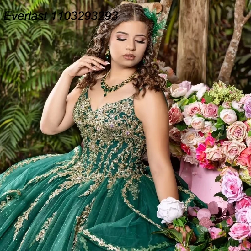 EVLAST Customized Sparkly Emerald Green Quinceanera Dress Ball Gown Gold Lace Appliques Beaded Sweet 16 Vestido De 15 Anos E1Q44