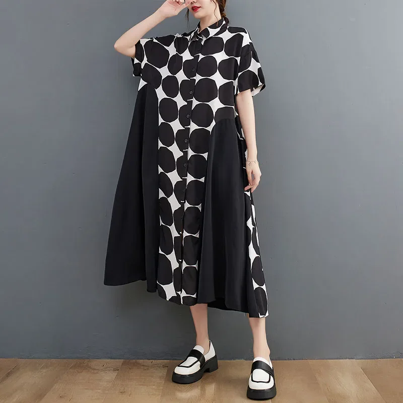 

Short Sleeves Polka Dot Swing Dress Retro Glamour Black Wihte Batwing Sleeve Button Down Japanese Inspired Shirt Dress