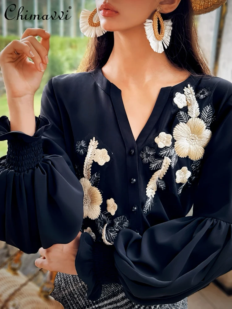 

French Style Elegant Commuter Black Blouse 3D Embroidered Flowers V-neck Lantern Sleeve Single-breasted Shirts Tops Women Autumn
