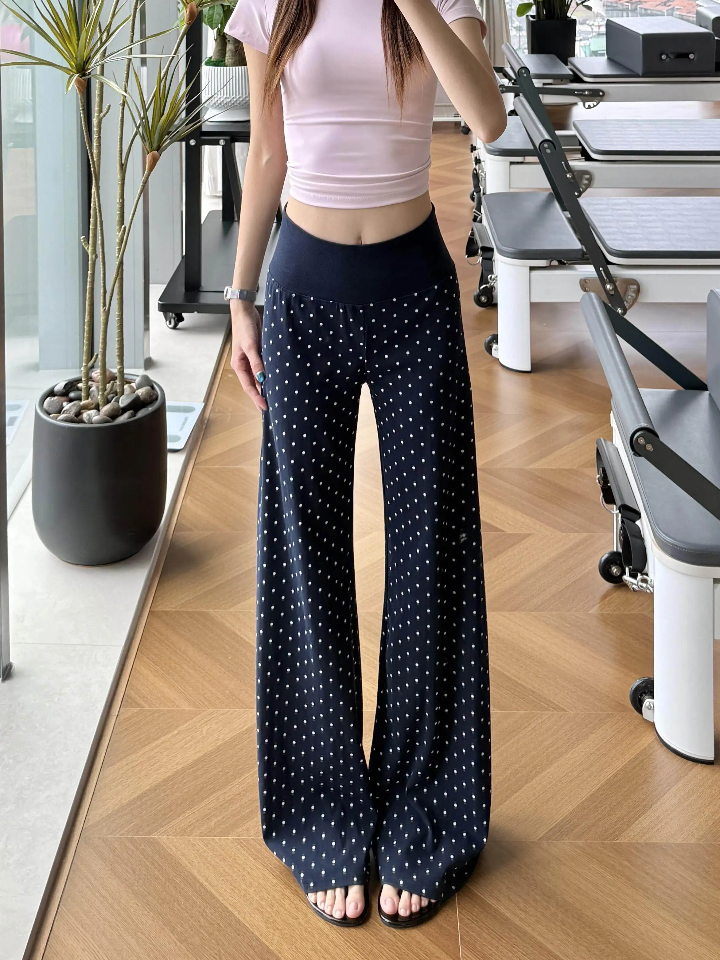 American Polka Dot Micro Flared Pants Women Summer Thin New Slimming Straight Casual Yoga Sports Pants High Waist Elastic