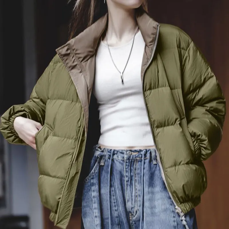 Maden Women\'s Reversible Down Puffer Jacket Unisex Thick Thermal Warm Stand Collar Outerwear Loose Fit Coat