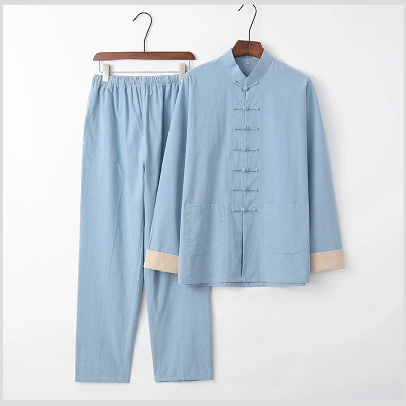 Chinese Style Men Tang Suit Long Sleeve Shirt Trousers Two Piece Set Vintage Mandarin Collar Kung Fu Suit Oversize Loungewear