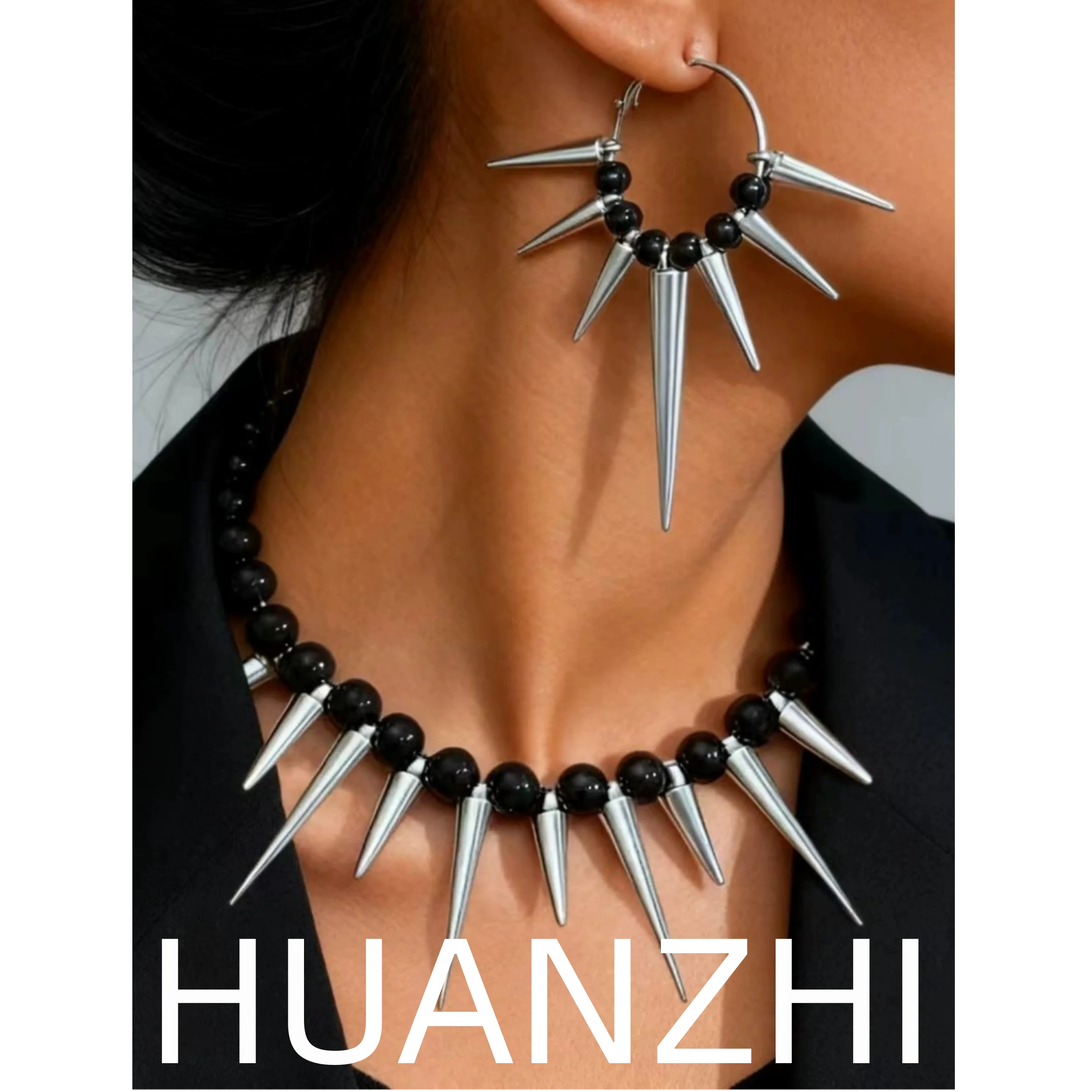 HUANZHI Silver Color Black Color Lance‑form Hoop Earrings Reflected Metal Finish Bead‑spaced Ornament Framework Women Jewelry