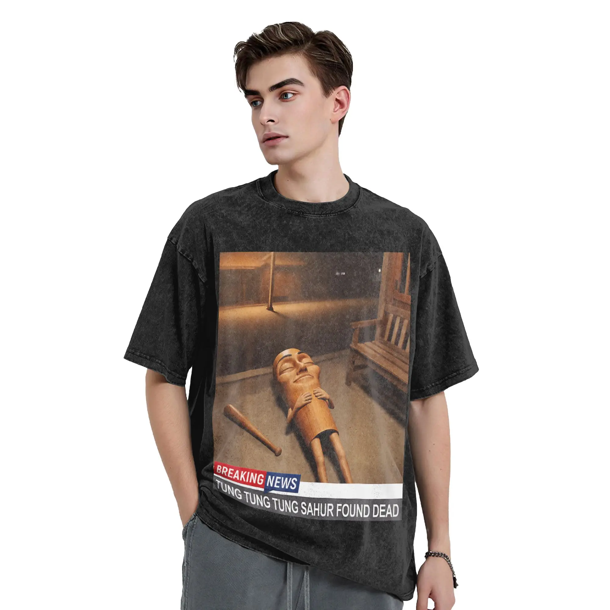 Tung Tung Tung Sahur Found Dead Breaking News Funny Meme Washed T Shirt Streetwear T-Shirt  Tee Shirt for Men Women Short Sleeve